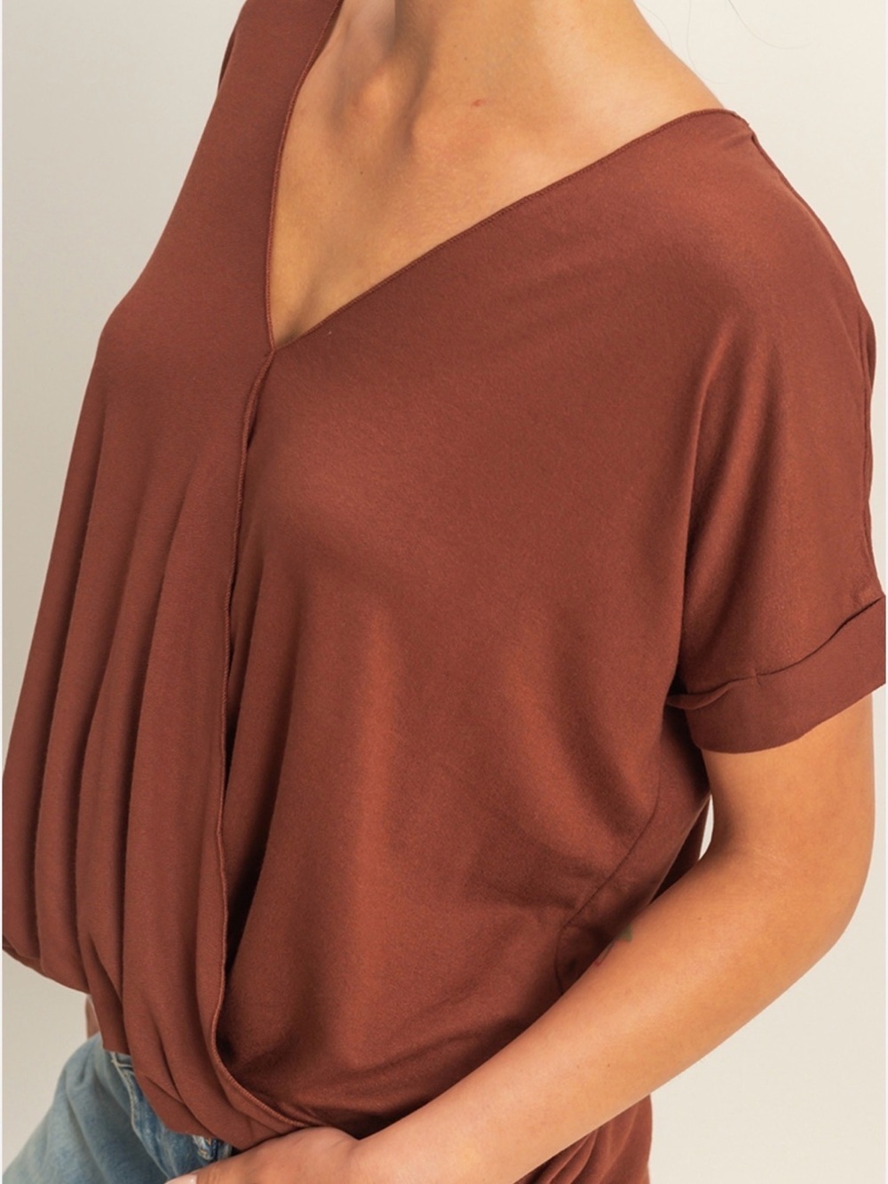 Twist-Front V-Neck Short Sleeve Top in Rust - NWT - Small - Picture 2 of 5